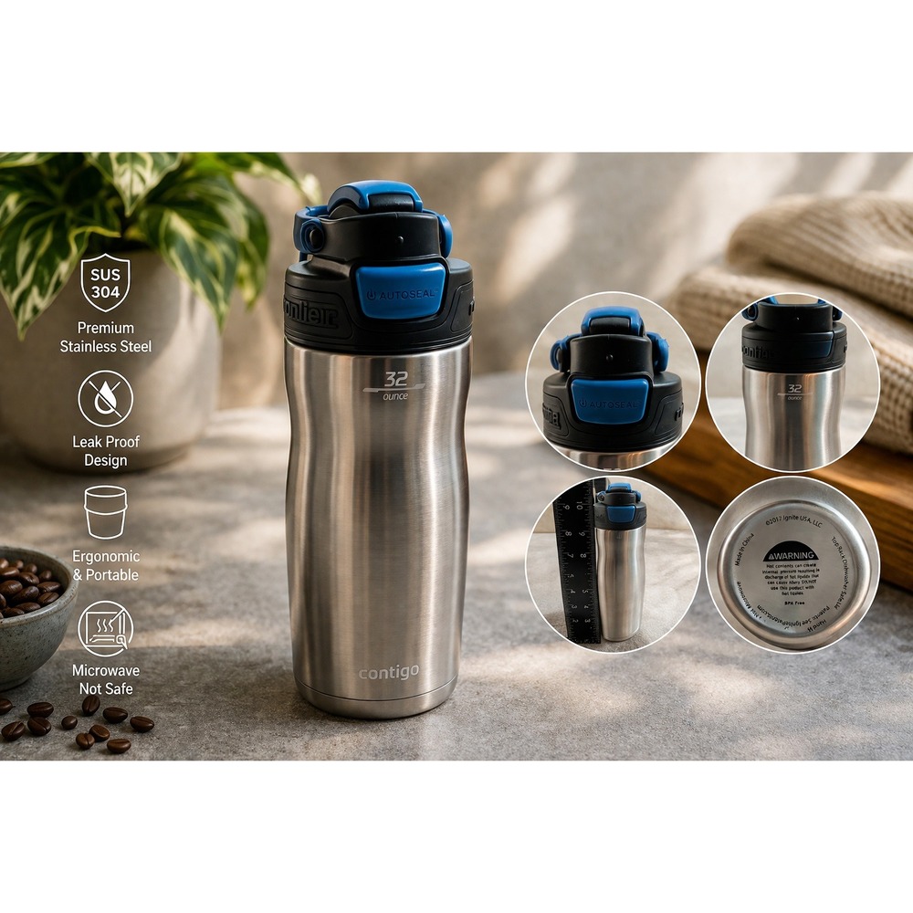 Contigo Autoseal West Loop 32oz Stainless Steel Water Bottle Silver Blue Lid